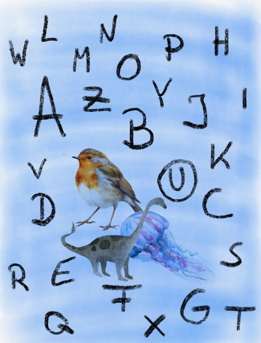 Eine Collage, auf deren himmel- oder wasserfarbenen Untergrund sich die Buchstaben des Alphabets, ein Rotkehlchen, ein Dinosaurier und eine Qualle tummeln