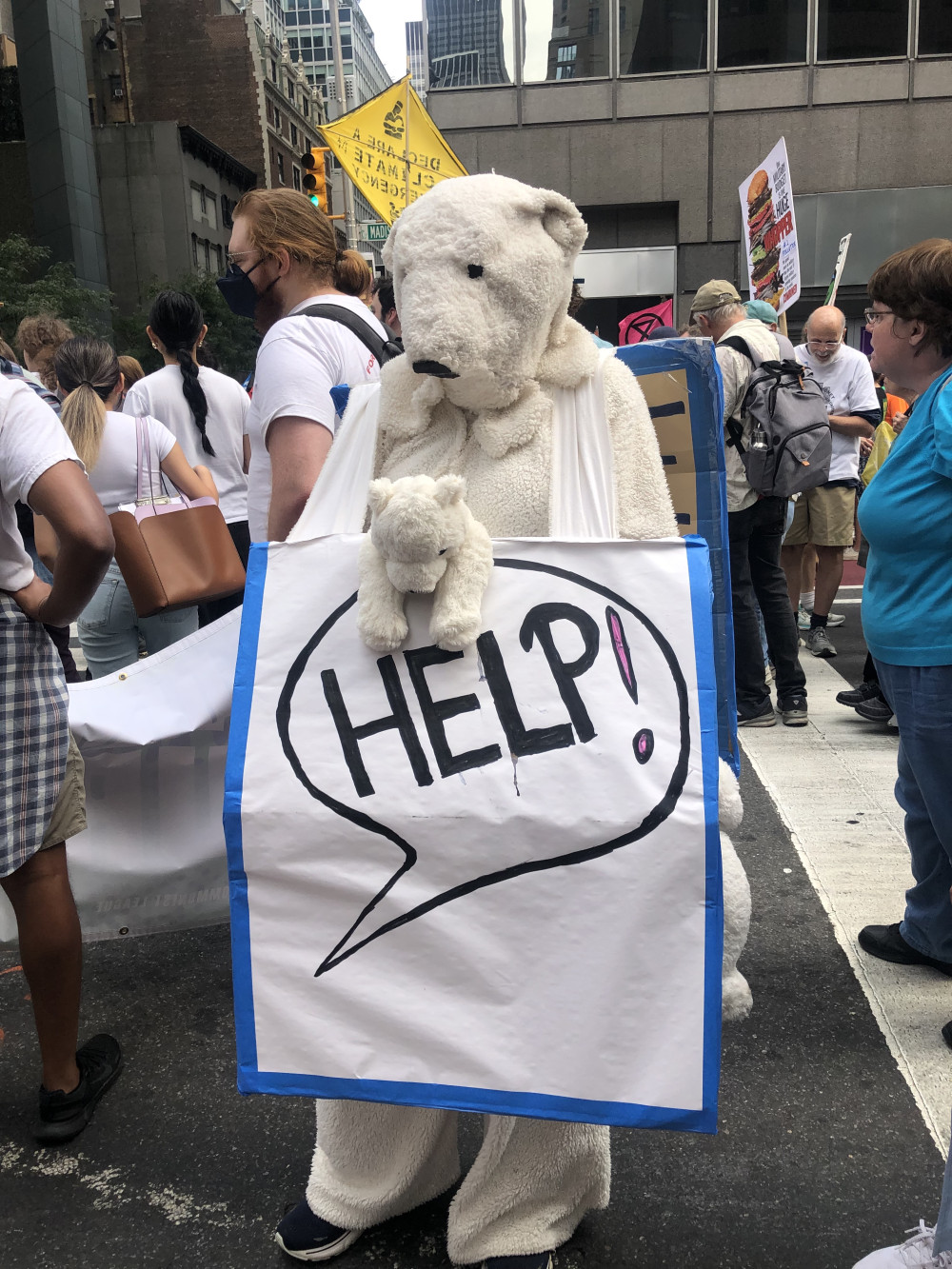 Foto einer Klimademonstration: Eine als Eisbär verkleidete Person trägt vor sich einen kleinen Plüscheisbär, vor sich ein Schild mit einer Sprechblase "Help!"